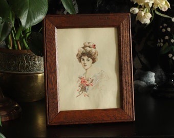 Antique 1906 Watercolor and Pencil Portrait of a Fashionable Elegant Edwardian Lady Signed JCT | Original Artwork Framed Glass Wooden Frame