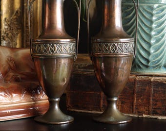 Antique Pair of Art Nouveau Handled Vases Made in England c. 1900 | Edwardian British Brass Copper Classic Art Deco Mantle Urns Shelf Décor