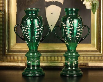 Antique Victorian Emerald Green Glass Urn Vases Twin Handles Pair | Hand Painted Lily of the Valley Bohemian Enamelled Art Nouveau Décor