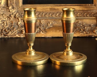 Early 1900s Antique W.S. & Sons Birmingham Brass and Copper Candlestick Holders Pair | Edwardian English Ornate metal gold candle holders