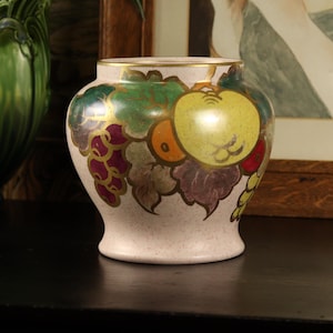 1930s Art Deco Lawleys Stoke Hand Painted Fruit Vase | Vintage English Pottery Ceramic Gilded Traditional Floral Ornament Botanical Decor