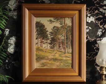 Original Signed Countryside Landscape Watercolor Painting | 1920s-1950s Vintage Antique | Gold Wooden Frame Glass Front | Wall art artwork