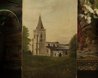 Vintage St Mary the Virgin Weekley Church England Oil on Canvas Painting c 1940 | Signed Landscape Religious Graveyard Art | Kettering UK