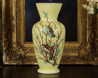 Antique Bohemian Bristol Glass Hand Painted Birds & Bramble Vase c.1890 | Victorian Satin Vessel | Enamel Decorated Collector’s European Art