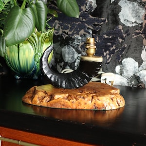 May include: A black horn-shaped table lamp with a gold base sits on a wooden base. The lamp is on a dark surface with a green plant in a ceramic pot in the background.