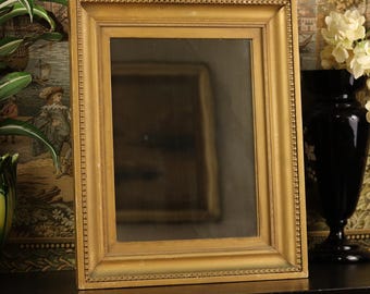 Antique 19th Century Gold Wood Frame Mirror | 1800s Ornate Victorian Wall Décor Period Rectangular Beaded Molding Classic French Foxing