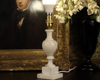 Vintage Mid Century Italian Alabaster Urn Table Lamp | Neoclassical White Marble Carved Stone Vein Table Light | Working Desk Side Light