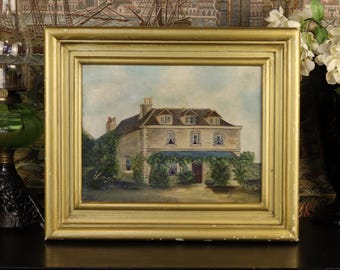 Antique English Country House Oil Painting 19th Century Victorian Manor Landscape Architectural House Art G. Rowney London Canvas Gold Frame