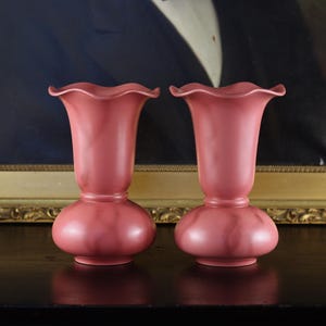 Antique Bretby Raspberry Pink Pottery Vases Pair c. 1900–1915 | Early 20th Century Art Nouveau Crafts English Edwardian Victorian Ceramic