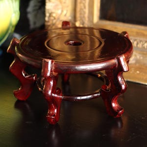 Vintage Hardwood Carved Display Stand | Oriental Rosewood Style Vase Pedestal | Dark Red Lacquered Plant Pot Base | Round Wood Jardiniere