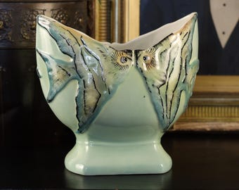 Vintage English Art Deco Angelfish Ceramic Vase | Hand Painted Pale Green & Blue Glaze 840 | British Studio Pottery Nautical Tropical Fish