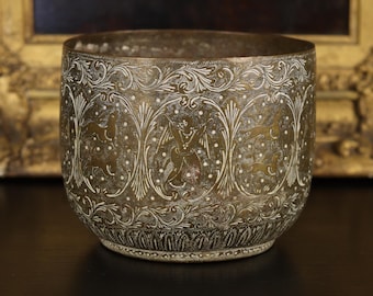 Antique Indian Brass Jardinière with Inlaid Hounds and Winged Deities | Late 19th/Early 20th Century Metal Round Decorative Planter Bowl
