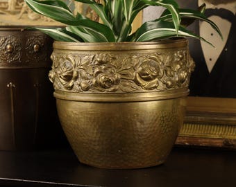 Antique Art Nouveau Rose Jardinière c. 1900 | Victorian High Relief Repoussé Floral Planter Stamped Solid Brass Hammered Cachepot Plant Pot