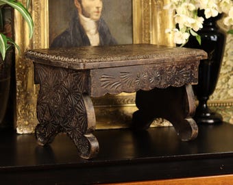 Antique Victorian Folk Art Footstool c.1880-1900 | Hand-Carved Geometric Starburst Stool | Primitive Dark Wood