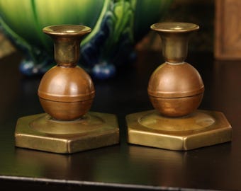 Art Deco Spherical and Hexagonal Brass and Copper Pair Candlestick Holders 1920s-1940s | Antique English Ornate Metal Patina Candle Holders