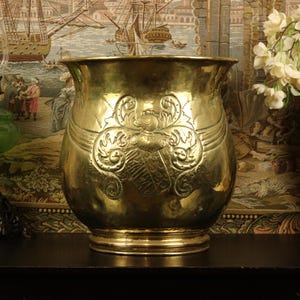 Large Antique Victorian Statement Brass Planter c. 1890 | Heraldic Knight Helmet & Pineapple Fruit | Tall Repoussé Jardinière Cachepot 12"