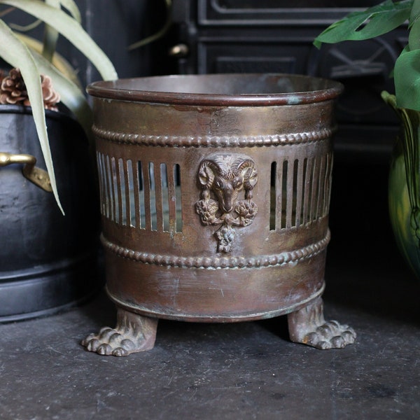Antique Pierced Round Footed Coal Bin Bucket Trough Tub Planter with Rams Head Motif & Paw Feet | Regency Jardinière Plant Pot Cachepot