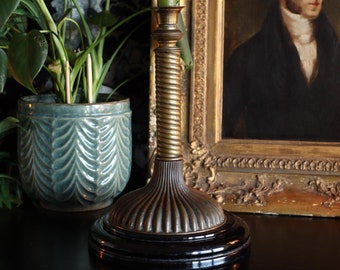 Unique Antique Glazed Ceramic & Brass Converted Oil Lamp Base Candlestick Holder | Large Heavy Regalia | Black Gold Victorian Candle