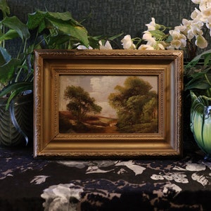 Antique Framed Landscape Oil Painting of a Country Cottage & Forest Trees Scene Art | Gold Frame | Eclectic Gallery Wall | Dark Academia