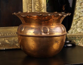 Antique Arts & Crafts Copper Planter c. 1890–1910 | Victorian Art Nouveau Repoussé Jardinière Scalloped Rim Flower Pot Patina Cachepot