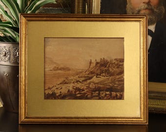 Antique Harlech Castle Wales Watercolor Pencil Painting by Pettitt Late Victorian c. 1880s | Gold Wood Frame Historical Welsh Landscape Art