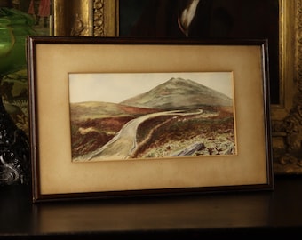 Aged Scottish Highlands Naive Watercolor Painting in Dark Wood Frame Glazed | Scotland Country Landscape Hill Glen Art Early 20th Century
