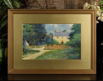 Antique 1915 Rustic English Country Cottage and Summer Garden Watercolor Landscape Painting | Signed Edwardian Impressionist Art Gold Frame