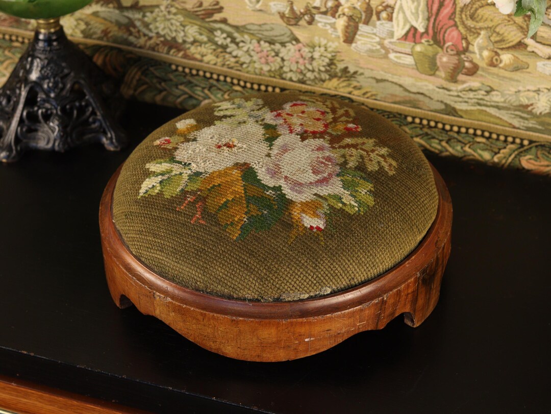 Antique Victorian Floral Needlepoint Tapestry Scalloped Wood Footstool ...