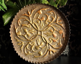 Antique Arts & Crafts Pomegranate and Vine Brass Tray | Handcrafted Decorative Repoussé Chased Hammered Motif | Rustic Orientalist Revival