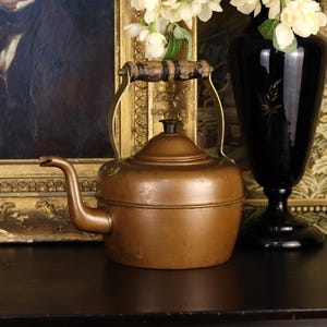 May include: A copper-colored vintage teapot with a wooden handle and brass accents. The teapot has a curved spout and a domed lid. It sits on a dark surface, with a black vase and a framed painting in the background.