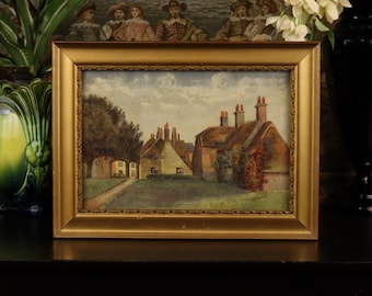 Antique English Village Cottages and Garden Watercolor Painting | 19th 20th Century Landscape | Signed Architectural Art in Gold Frame