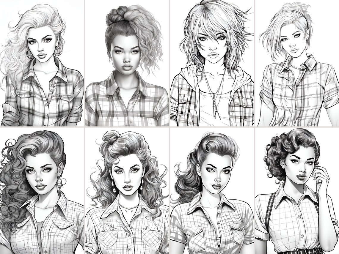 30 Printable Coloring Pages Beautiful Ladies in Checkered Shirts Rockabilly, Country, Cowgirl ...