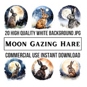 Moon Gazing Hare Lunar Clip Art, 20 hoge kwaliteit 300 dpi JPG's - aquarel pen & inkt, afdrukbare muurkunst, kaart maken, ambacht, commercieel gebruik