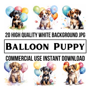 20 chiots avec des ballons clipart aquarelle - 300 dpi sur fond blanc JPG, création manuelle, fabrication de cartes, POD, usage commercial, téléchargement immédiat