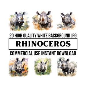 20 Rhinoceros Clip Art Images - High Quality 300 dpi JPGs - Rhino Watercolor pen & Ink, Printable Wall Art, Commercial Use Digital Download