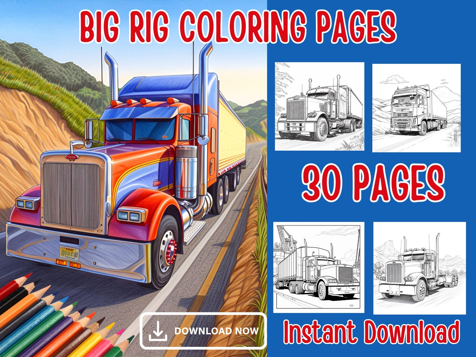 30 Big Rig Trucks Printable Coloring Pages - Instant Download 8.5