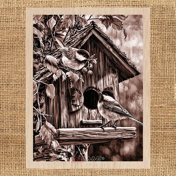 Laser Burn PNG | 3D Illusion | Engrave | Laser Ready | Glowforge files | Digital Design File | Pyroprinter | Bird | Bird House | Wall decor