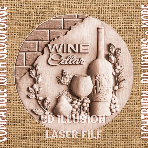 Wine cellar - Digital Design File - Glowforge - Laser file - Engrave - Wood Engraving - 3D Illusion - Lightburn - RD Works