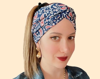 Bandeau De turban Boho Wire, Bandeau à nœud Navy Paisley Twist, Casque Hippie, Bandeau rétro, Moulable, Foulard polyvalent