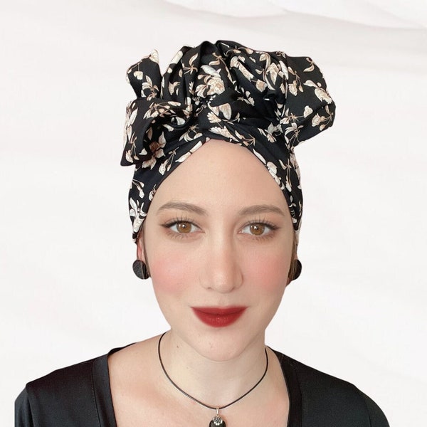 Wire Turban Headwrap For Women, Black White Floral Headwrap, African Style Head Scarf, Wired Headband, Retro Head Wrap, Adjustable Turban