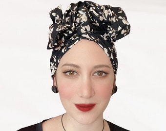 Wire Turban Headwrap For Women, Black White Floral Headwrap, African Style Head Scarf, Wired Headband, Retro Head Wrap, Adjustable Turban