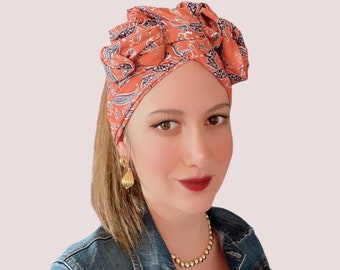 Bandeau Orange Paisley, Bandeau Long Wire, Foulard Boho, Bandeau Turban Filaire, Foulards Rétro