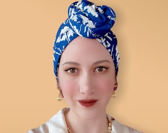 Wired Headwrap, Wired Turban Navy Blue White Floral,  Stylish Head Covering, Easy Shape Head Scarf, Moldable Headwraps, Wire Headband