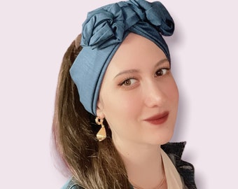 Bandeau bleu denim, bandeau long filaire, couvre-chefs en fil, foulard en denim léger, foulard boho, turban rétro