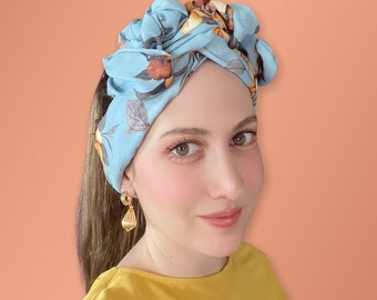 Bandeau en fil floral, bandeau de turban jaune bleu, enveloppement de tête filaire, bandeau rétro, foulard multivoie, bandeau filaire long