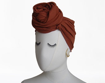 Headwraps Soft Stretch Jersey, Burnt Orange Head Scarf, Long Hair Turban For Black Women, Self Tie Headwrap for Woman in Solid Colors, Hijab