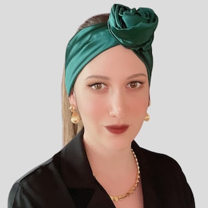 Bandeau en fil de satin olive, foulard en soie, couvre-chef filaire, turban multi-style, bandeau à volants image 5