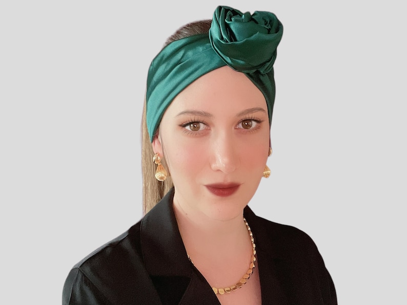 Bandeau en fil de satin olive, foulard en soie, couvre-chef filaire, turban multi-style, bandeau à volants image 5