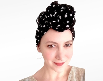 Wired Headwrap For Women, Black White Polka Dots Headwrap, Bohemian Headscarf, Adjustable African Headwrap, Chemo Head Cover, Chemo Bonnet