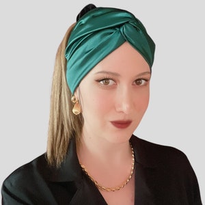 Bandeau en fil de satin olive, foulard en soie, couvre-chef filaire, turban multi-style, bandeau à volants image 7